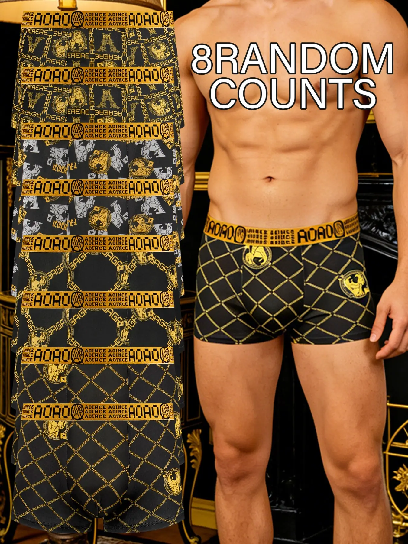 8 pcs black gold chain printed men's underwear, Casual Style Underwear, Stretchy boxer briefs, Casual Fitted Briefs, light, comfortable, breathable, elastic waistband, fast drying sports underwear, Suitable for Four Seasons home leisure