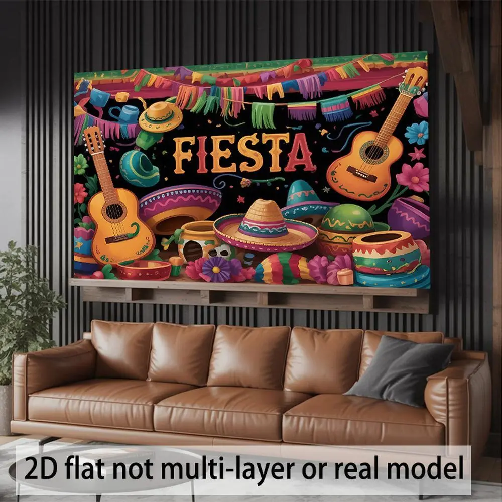 Reusable Polyester 2D Flat Mexican Fiesta Party Banner - 1pc Large Printed Spanish-Themed Ornaments with Maracas, Sombreros, Guitars, FEISTA Letters, Multicolor Latin Decor for Happy Birthday, Cinco de Mayo, Photo Booths, Guitars for Photos