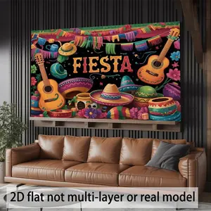 Reusable Polyester 2D Flat Mexican Fiesta Party Banner - 1pc Large Spanish-Themed Decoration with Maracas, Sombreros, Guitars, FEISTA Letters - Multicolor Latin Decor for Birthdays, Cinco de Mayo, Birthday,summervibes