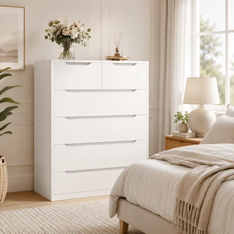 Raybee Tall Bedroom Dresser - 6 Large Wood Drawers with Smooth Metal Rails, Space Saving Bedroom Storage Cabinet, Multi-Drawer Floor Cabinet, Modern Neutral Large Indoor Unit for Entryway, Closet, Space Saving Cabinet