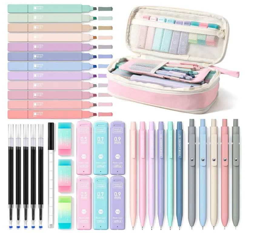 School Supplies with Cute Pen Case, 39ct, Pink | Back to School Stationery Set, Essentials for College & Nursing Students, 5 Gel Pens, 6 Mechanical Pencils, 12 Highlighters