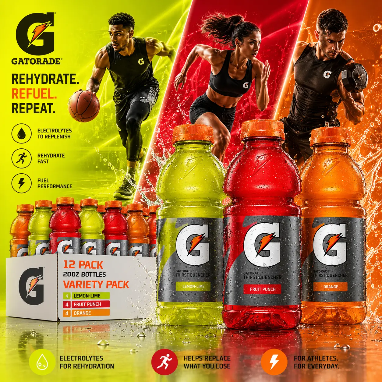 12-Pack Gatorade Thirst Quencher Sports Energy Beverage, Variety Pack, 20oz Bottles, Electrolyte-Infused for Rapid Rehydration