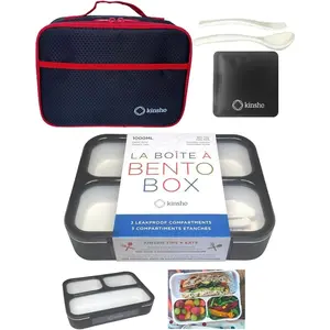 Bento Box with Lunch Bag, Insulated Containers with Ice Pack for Kids Adults Snacks and Lunches. 3 Compartments, Leakproof Portion Container Boxes Japanese Style for School or Work, Grey - Black