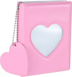 Mini Kpop Photocard Binder, 3 Inch Mini Photo Album Heart Hollow Card Binders with 32 Pockets Mirror-Like Photocard Binder with Pendant,Pink