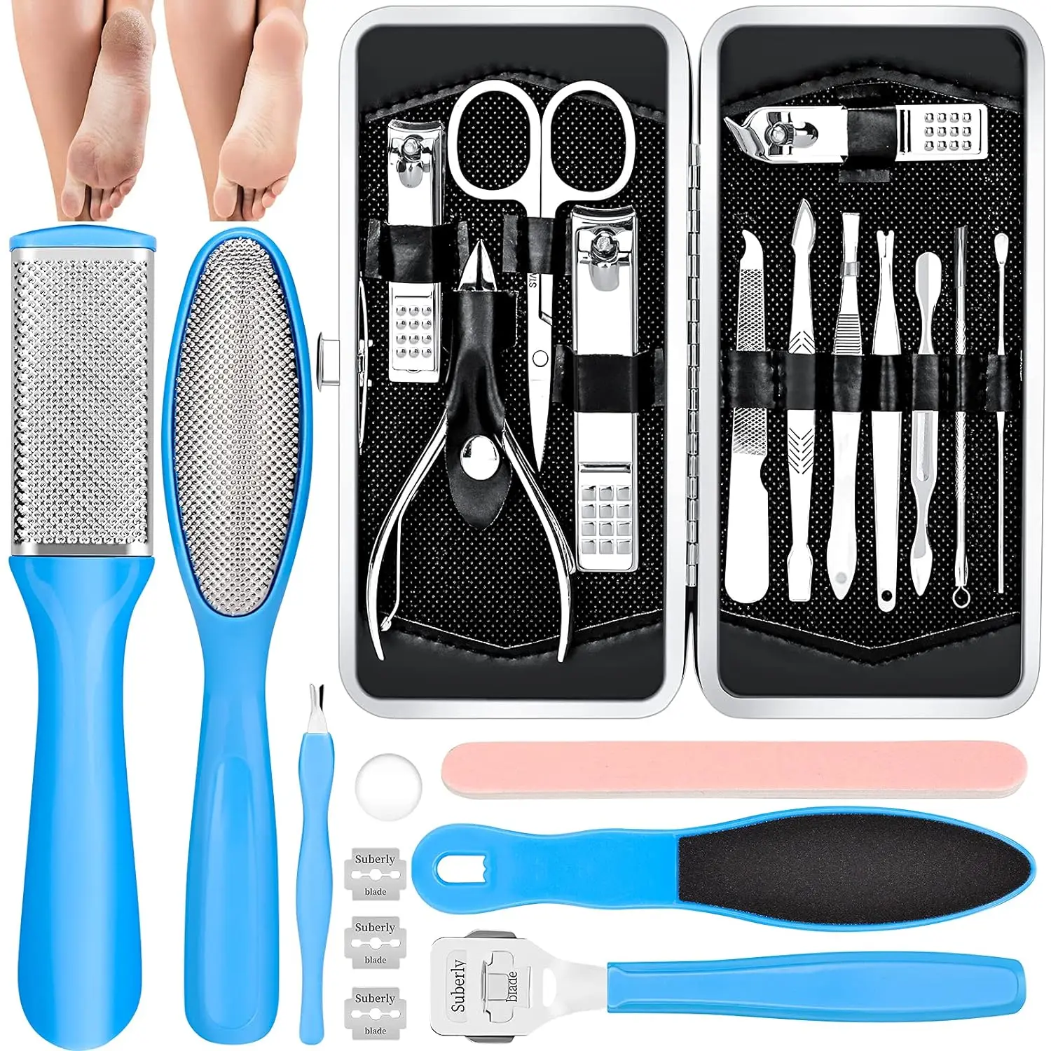 Pedicure Kits(small size) - Foot Smoothing & Care Set, Professional Manicure & Pedicure Tools, Stainless Steel Foot File & Rasp for Smooth, Soft Feet, Home Foot Spa Kit for Women & Men, Blue Nail Pusher with Silicone Protection