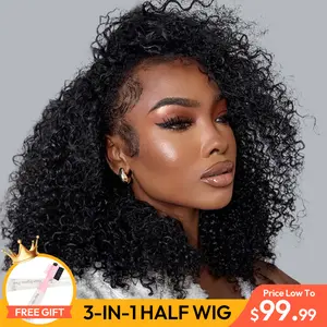 [3-In-1 Half Wig] West Kiss Kinky Curly Glueless Half Wig Invisible Hairline Wear Go Human Hair Wigs Beginner Friendly Vacation Hair