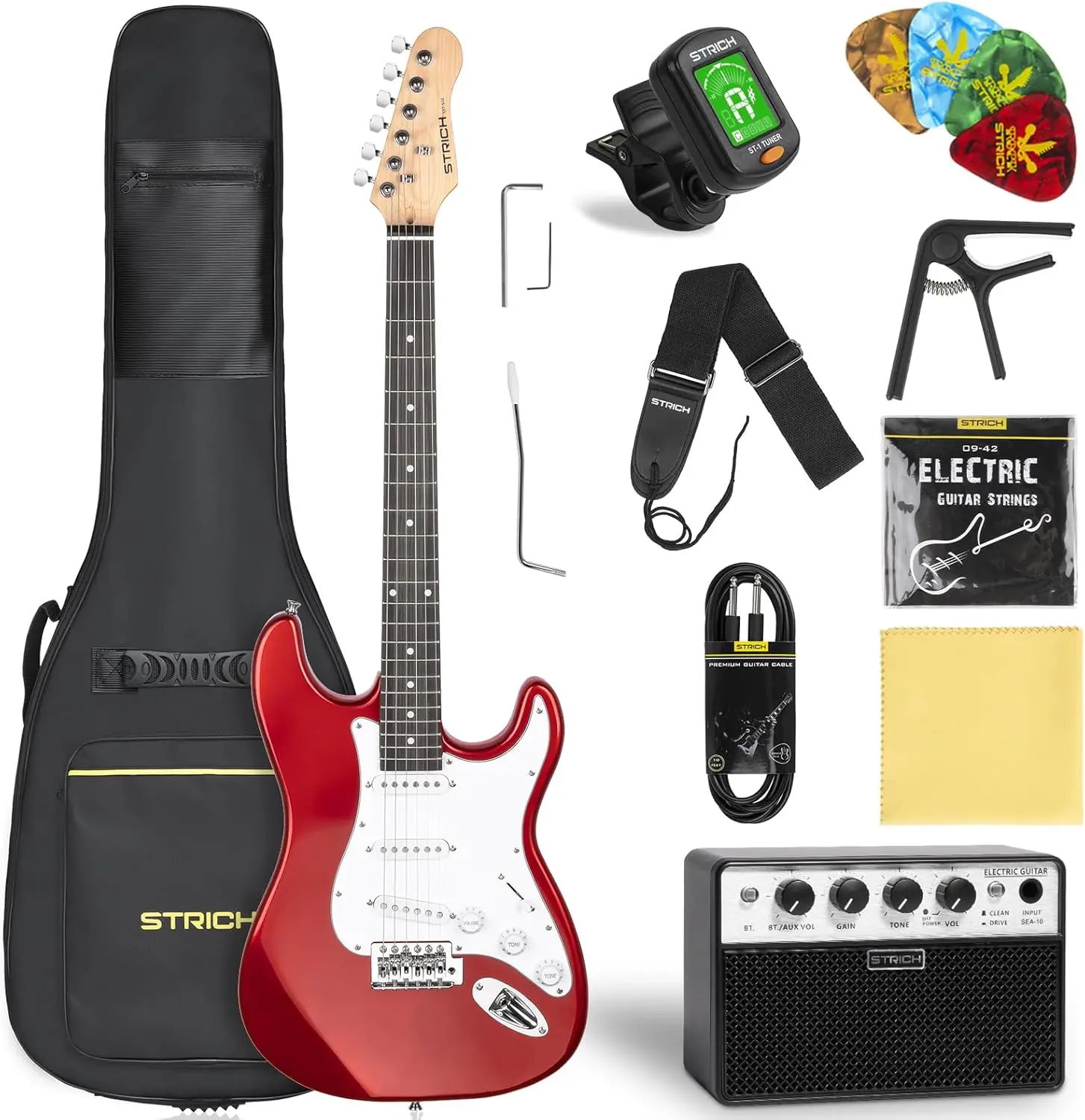STRICH 39" Full Size Solid Body Electric Guitar Beginner Kit (SST-S10 Metal Red) - SSS Pickup, 5W x 2 Amplifiers, Bag, Digital Tuner, Capo, Strap, Strings, Cable, Picks - Modern Tone, Blues, Classic, Exceptional Clarity for Starters