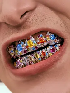 Seven-color Zircon hip-hop braces set, colorful zircon, street style, rap, gift, enhance your temperament, get rich quickly, Tooth Gems