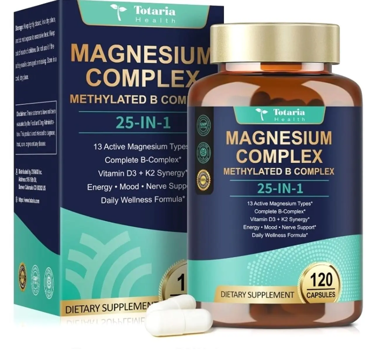 25-in-1 Magnesium Complex with Methylated B Complex Magnesium Glycinate Citrate Malate Taurate Gluconate Aspartate Carbonate D3 K2, Magnesium Supplement for Relaxation Energy & Nerve, 120 Vegan Caps