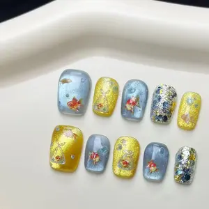 10pcs Cute Blue & Cat Eye Koi Fish Press on Nails, Fresh Summer Decor, Removable Reusable Manicure, Daily & Vacation Wear