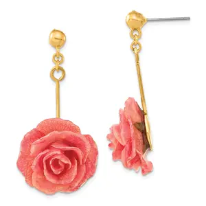 Lacquer Dipped Pink Real Rose Gold Dangle Earrings Gift Boxed Elegant Design