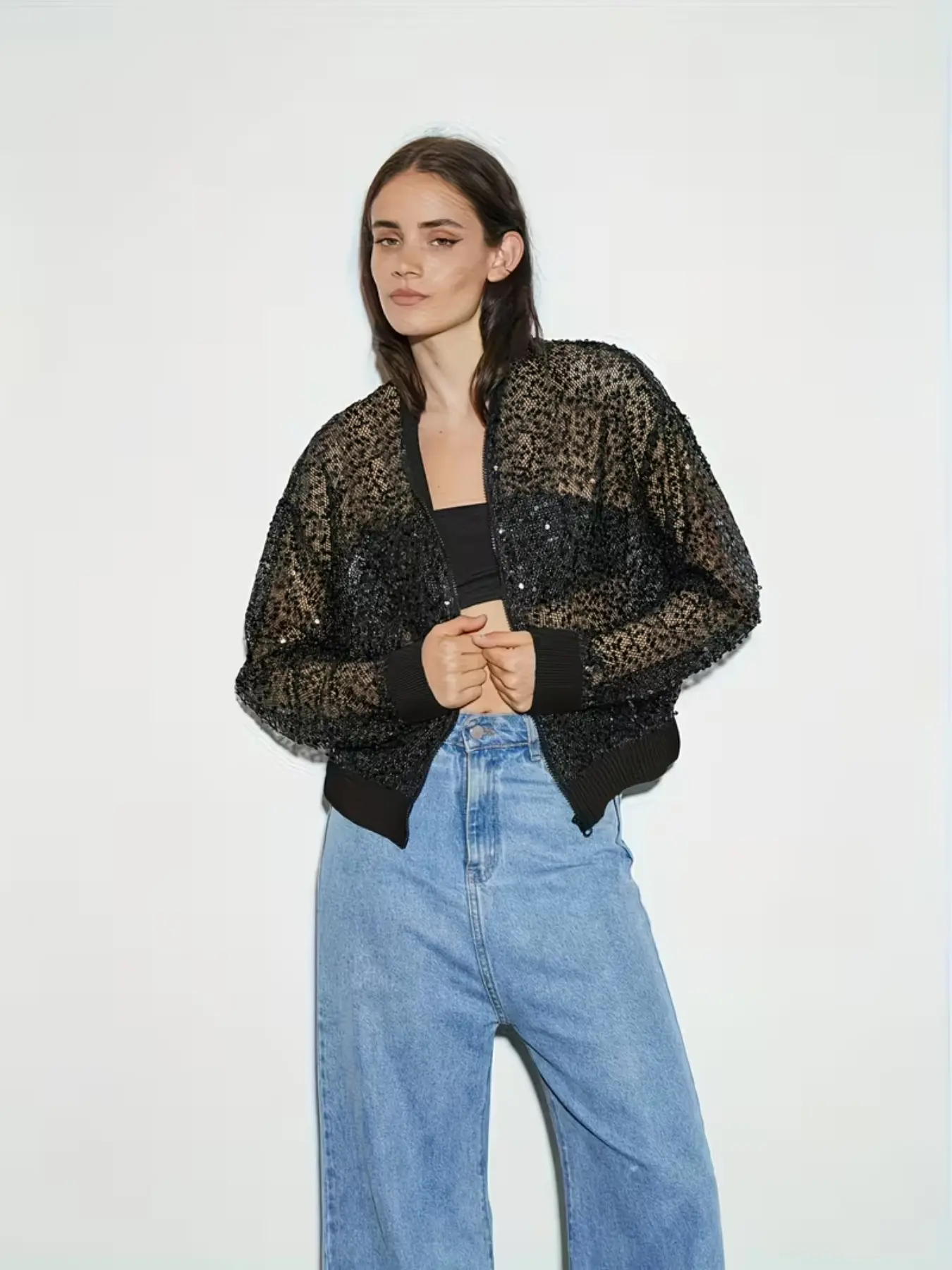 Sparkle Jacket with Dual Zipper Design, Open Front Fashion Women's Outerwear, Casual Wear, Stylish Ladies' Coat
