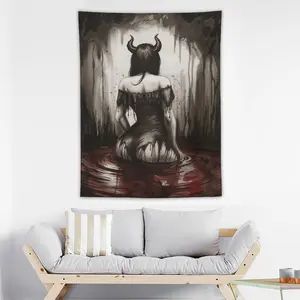 Gothic Demon Woman Tapestry, Dark Occult Wall Decor Art ,4.17x5 Ft Tapestry ,Fiery Red Black Design Tapestry, Halloween Decor Tapestry, Witchy Home Decor, Goth Dorm Tapestry Hanging Lightweight
