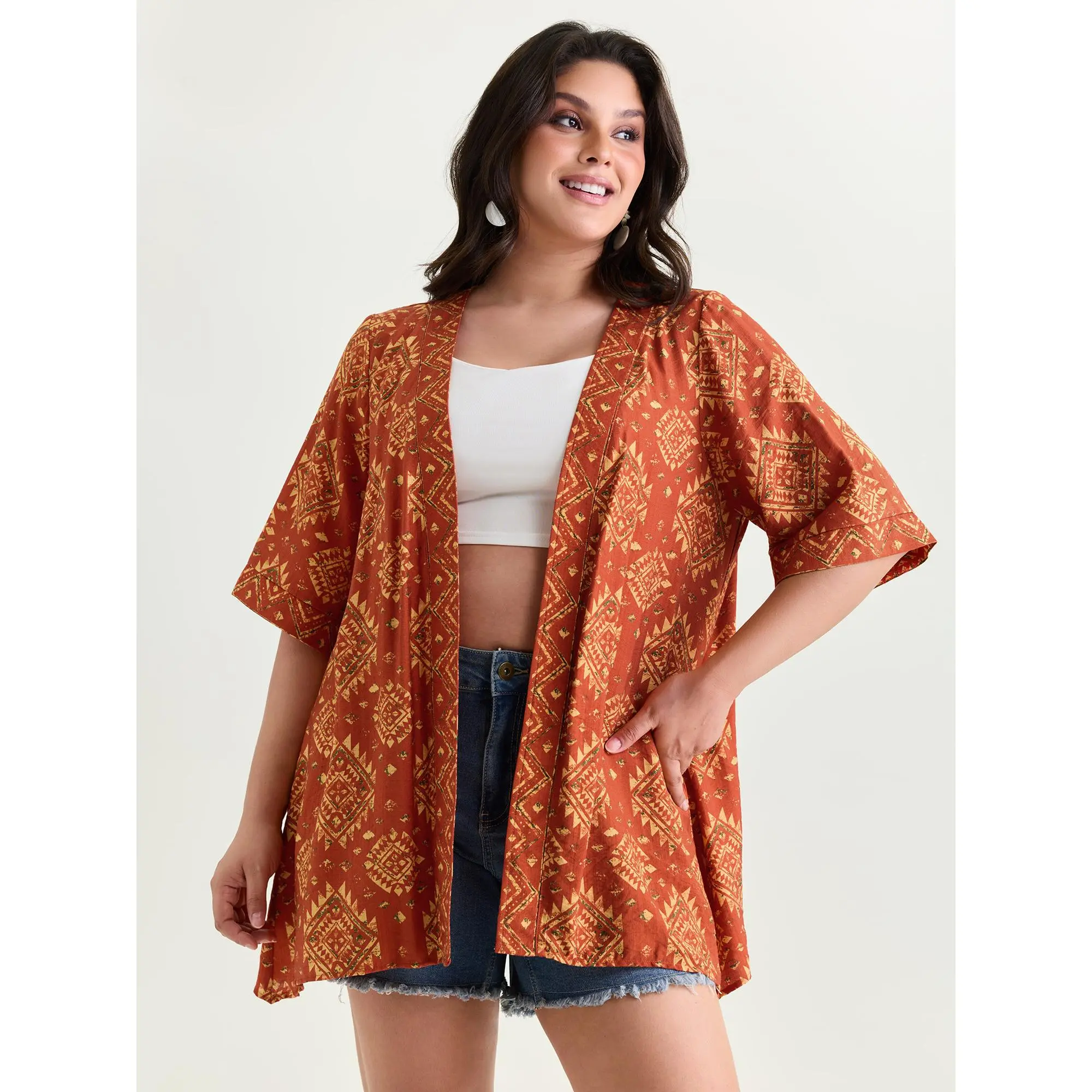 BloomChic Women's Plus Size Boho Ethnic Floral Print Kimono Cardigan, Open-Front Lightweight Rayon Blend Summer Swim Cover Up, Lady, Women's Clothes, Smooth, Garment, Nylon
