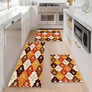 1/2/3Pcs Bohemian Floral Kitchen Mats for Floor ,Farmhouse Vintage Colorful Grid Pattern  Home Decor,Pineapple Texture Design Kitchen Rugs, Washable Non-Slip Floor Mat,Doormat.16x24+20x32+20x47 In