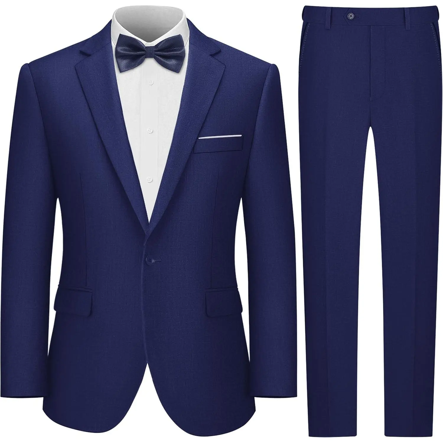 LUPURTY Men's 2-Piece Soft Plain Suit Set with Bow Tie, Slim Fit Formal Menswear Workwear, Single Breasted Tuxedo Blazer & Pants, Long Sleeve