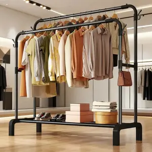 Space-Saving Corner Storage Rack with Hanging Rod and Layered Storage, Multi-Purpose Metal Plastic Organizer for Bedroom Home Organization