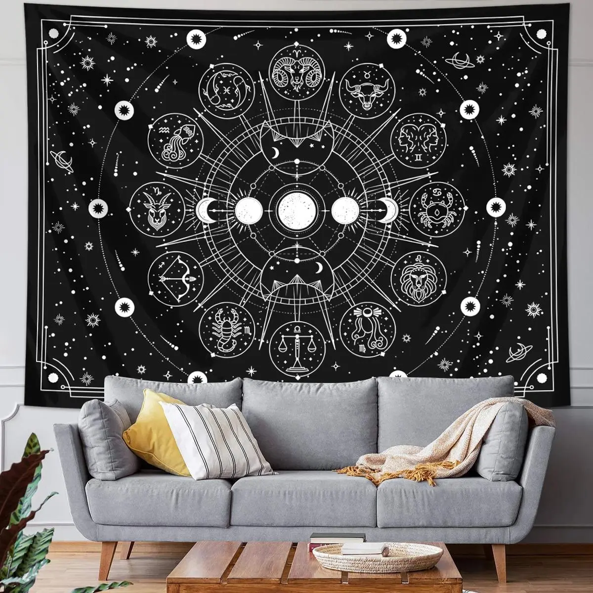 Polyester Constellation Wall Decor Tapestry - 1/2 Counts, Starry Sky, Moon Phase, Sun, Space, Tarot Card Divination Design, Galaxy Motif Artwork Print, Meditation Space Backdrop for Home Living Room Bedroom