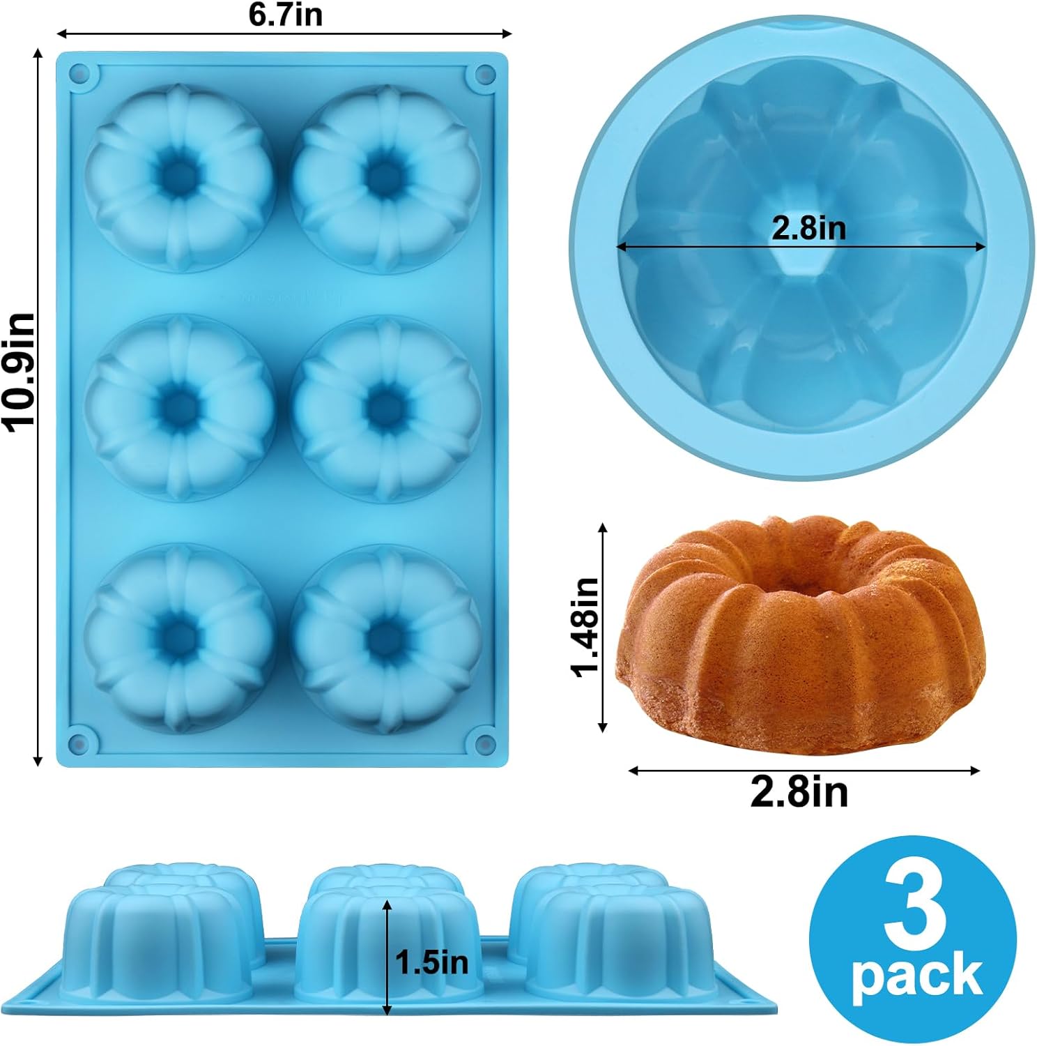 Mini Fluted Tube Pan Silicone 6-Cavity(3PCS), Multi-Cavity Small Cake Baking Pan, Mini Moldes Para Chocoflan