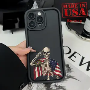 Case for iPhone 16 Pro Max 15 Plus 14 13 12 11 XR E XS Patriotic Skeleton Pattern Soft Matte TPU Armor Lens Protection Rugged Phone Back Cover for Male