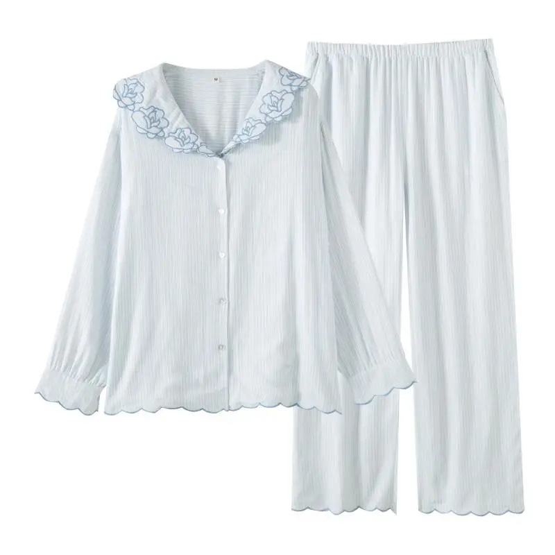 Women's Bamboo Cotton Long Sleeve Pajama Set Sweet Gentle Nightwear with Fresh Embroidery Long Pants Casual Loungewear for Home and Outdoor, Pyjamas