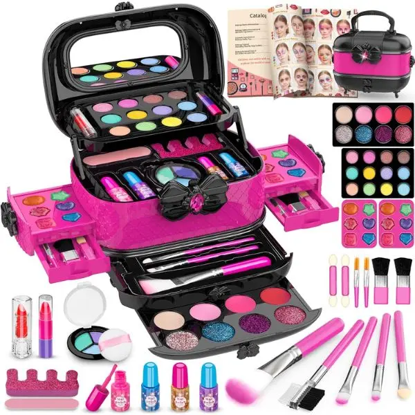 58‑Piece Kids Makeup Kit for Girls Washable Pretend Play Cosmetic Set with Mirror | Princess Makeup Toys for 3‑12 Years | Birthday & Holiday Gift for Girls
