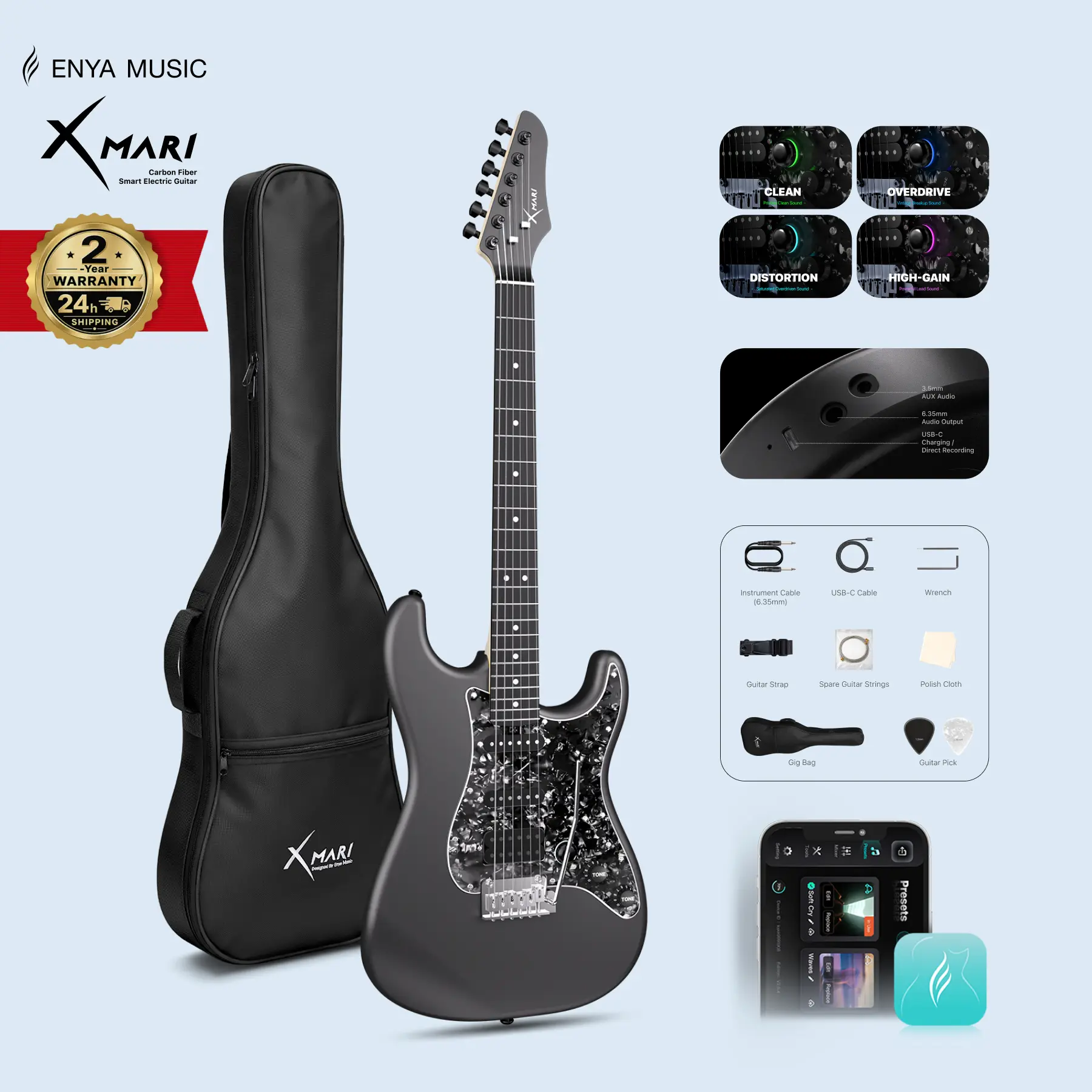【Zero-Gear Rocker】Xmari Smart Electric Guitar with Built-in DSP Effects, 4 Presets, USB-C OTG Recording, Head 24-Hour Shipping 2-Year Warrant DealsForYouDaysphone Output, Alnico Pickups w/Coil Split, Carbon Fiber Body, Gig Bag, Strap, Cable & Picks