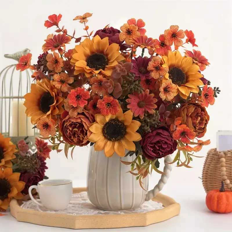 6 Piece Fall Artificial Flower Arrangement, Sunflower Peony Daisy Vintage Vase Style, Decorative Home Decor Wedding Thanksgiving Halloween Centerpiece