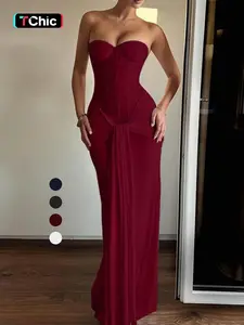 Elegant Halter Neck Sleeveless Dress with Bow Detail, Slim-Fitting Plain Design, Perfect for All Seasons, Women's Fashion Clothing