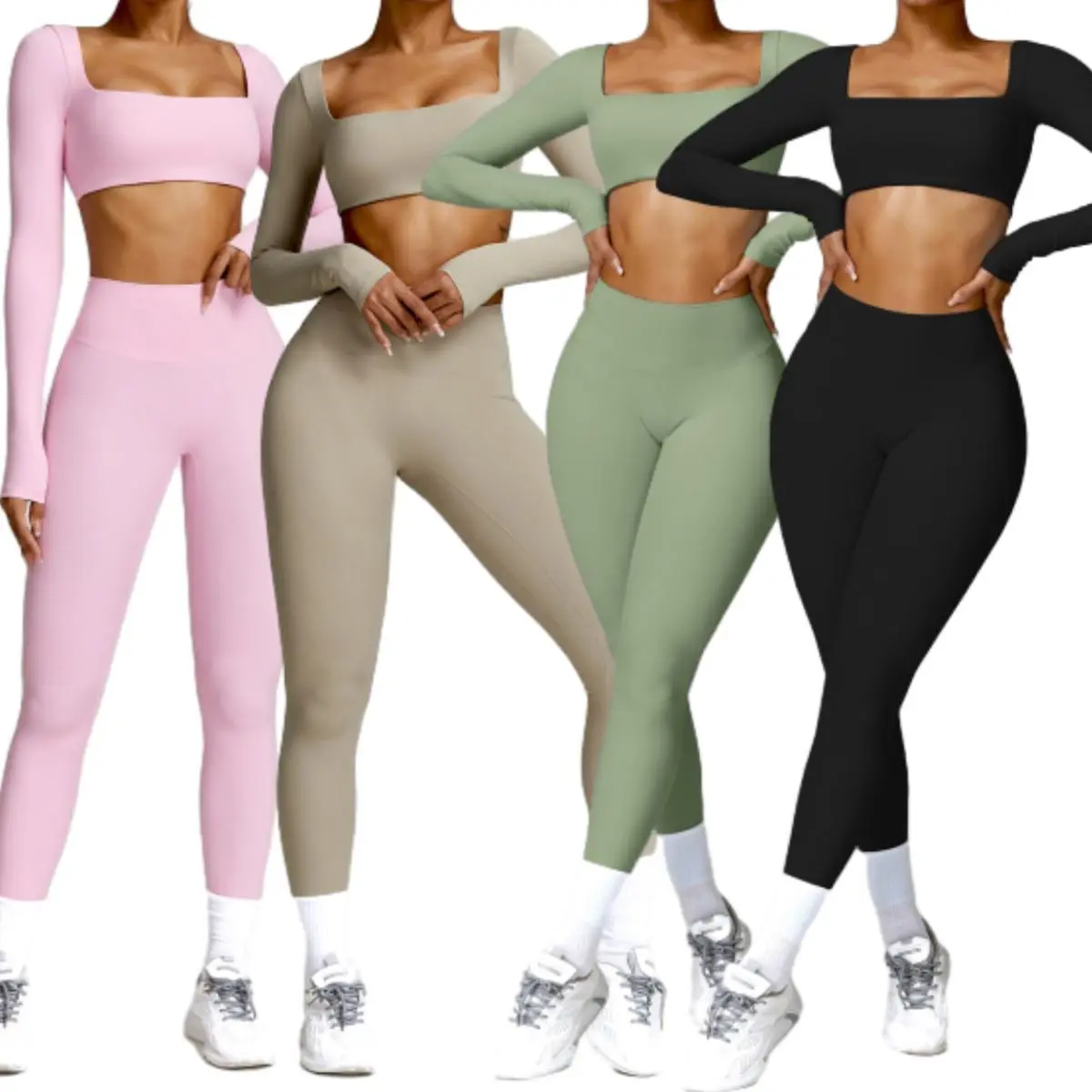 Women 2 Piece Workout Sets Long Sleeve Crop Tops High Waist Leggings Gym Sets