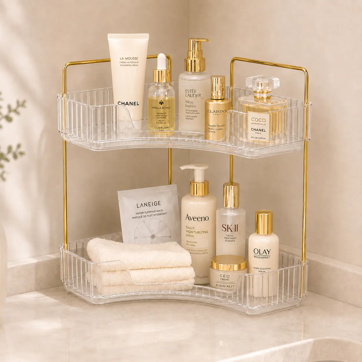 Corner Bathroom Counter Organizer, 2 Tier Countertop Storage Shelf for Makeup, Skincare and Perfume, Space Saving Vanity Organizer with Modern Design, Bathroom Storage Organizer for Dresser, Sink, Bedroom and Kitchen Counter, Large Capacity OrganizerShelf