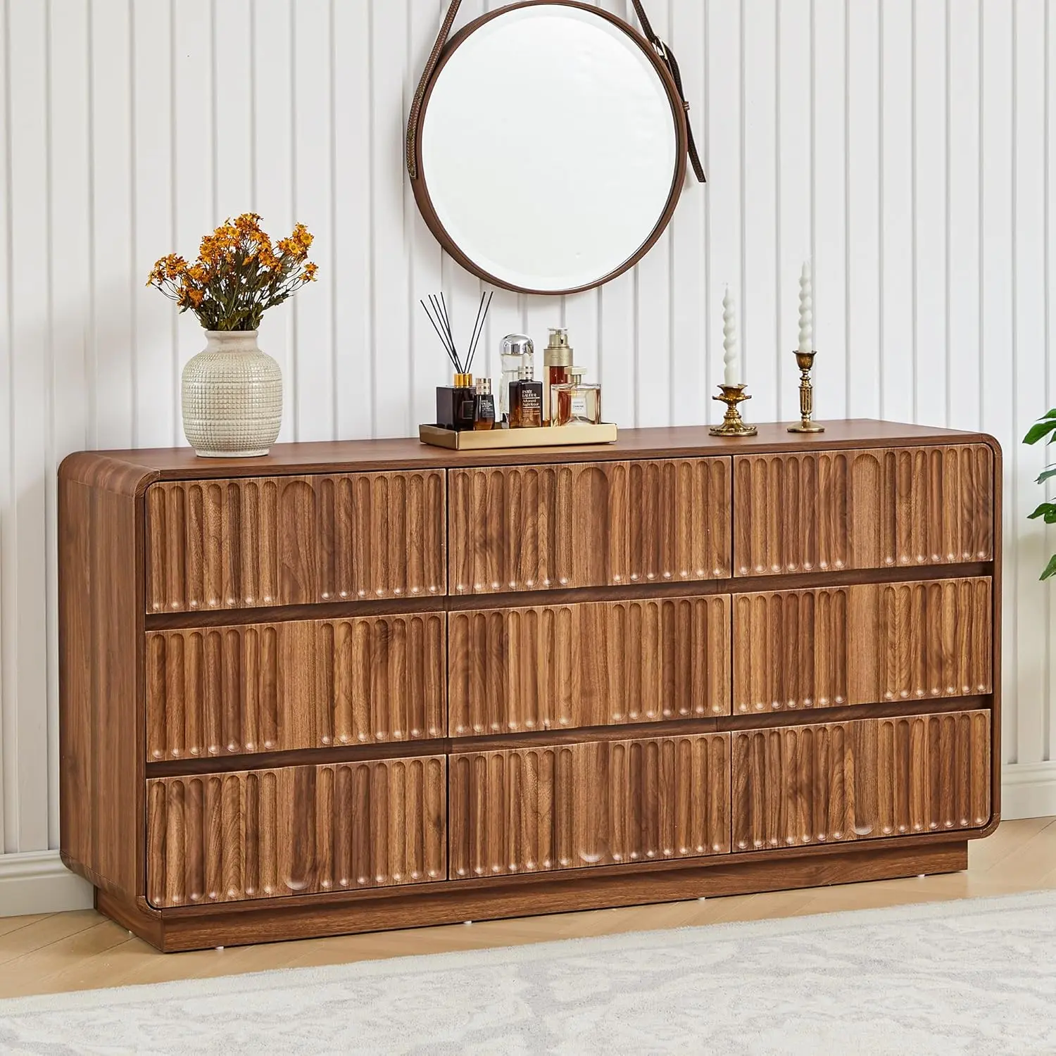 FurSch 60'' Modern Fluted 9-Drawer Dresser, Curved-Corner Wood Chest for Bedroom Storage — Also Works as a Stylish TV Stand