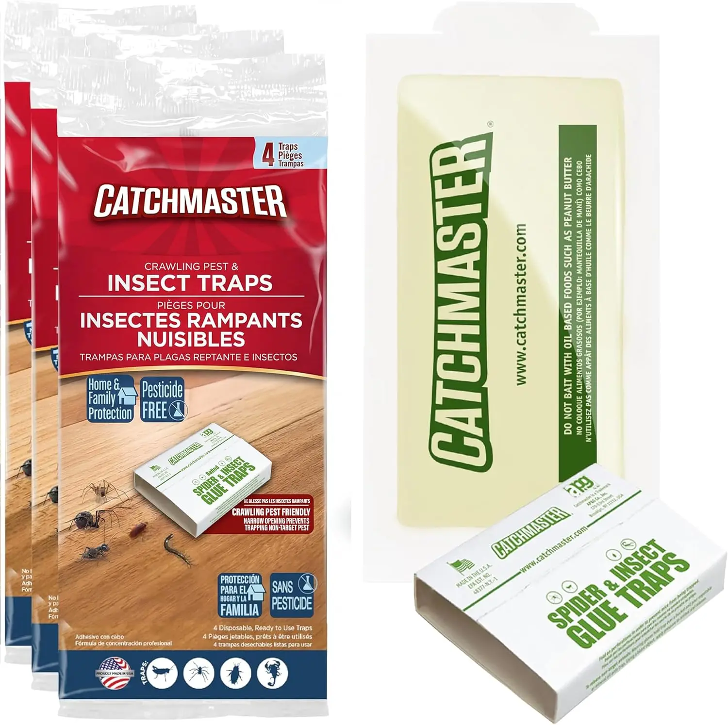 Catchmaster Crawling Pest Glue Trap Set, 12-Count (3 Packs of 4) Indoor Adhesive Trays for Home & Kitchen, Pest Control Boards for Bugs, Spiders, Crickets, Roaches, Ants & Rats