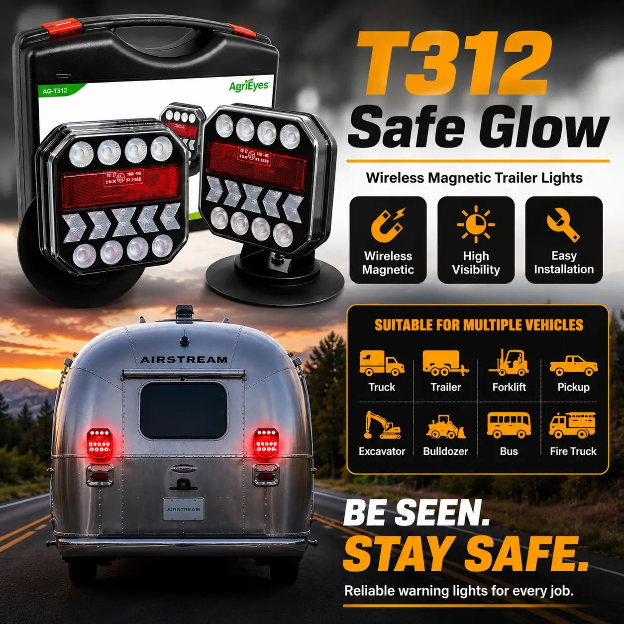 AgriEyes Halo Wireless Trailer Lights Kit (T312/T28/T325/T326/T327 Pro/T212) – Magnetic Rechargeable LED Tow Lights with Strong Rubber-Coated Magnet, Stable 2.4GHz Signal, Full Tail / Brake / Turn Functions backtoschool