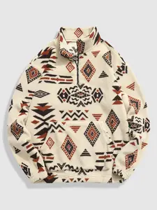 Geometric Vintage Pattern Plush, 100% Polyester Fleece, Quarter Zip, Collared Neck, Loose Fit, Fall & Winter Wear, Ethnic Pattern Sweatshirt