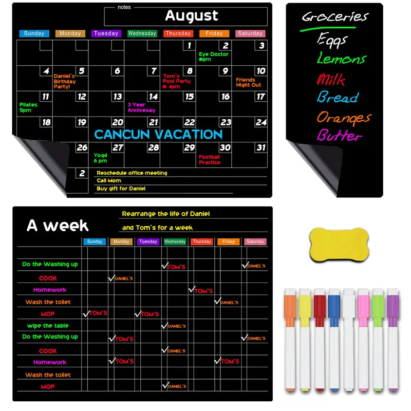 A3 erasable monthly and weekly schedule soft blackboard magnetic dry erase calendar black refrigerator sticker Fridge Calendar Magnetic message board set Monthly Planner Magnet Magnetic Calendar For Fridge