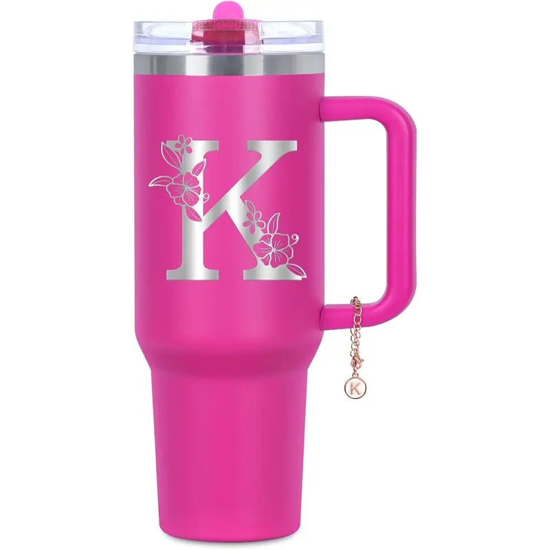 Stylish 40oz Personalized Initial Stainless Steel Insulated Tumbler - Handle, Detachable Spill-Proof Flip Straw Lid, Custom Monogram, Portable, Easy-to-Clean, Travel-Friendly Gift for Women - Ideal for Daily Commutes (Home Use)