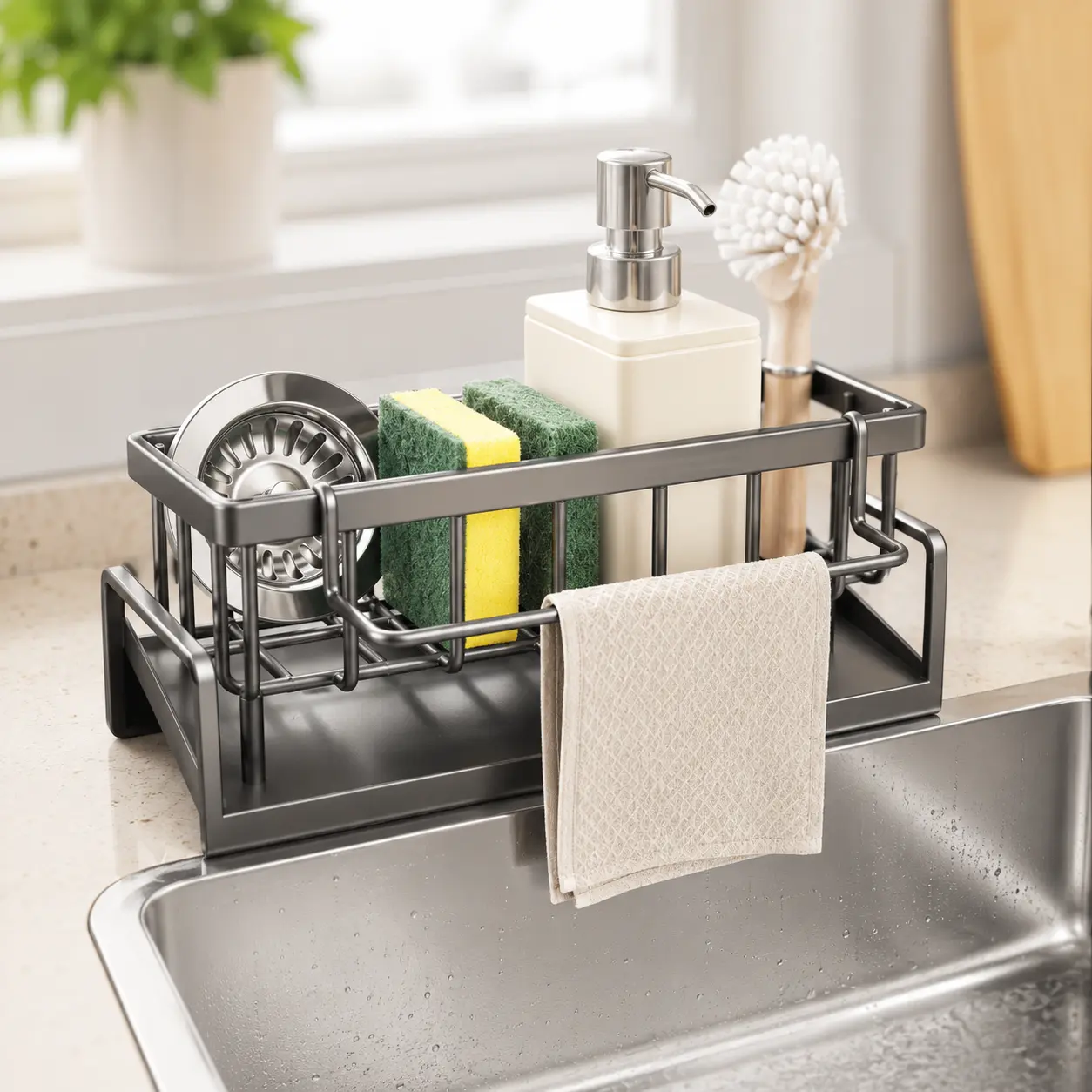 Kitchen Sink Caddy Organizer with Auto Drain,  Dish Drying Racks, Sponge Holder with Towel Rack, Keep Sink Clean & Dry