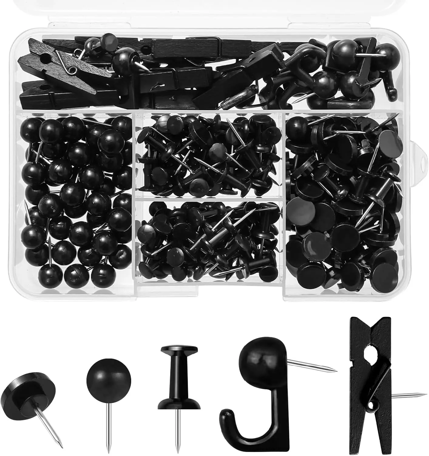 250 Count Push Pins Set Black Thumb Tacks for Cork Board Bulletin Board, 5 Styles Office Accessories for Wall Map