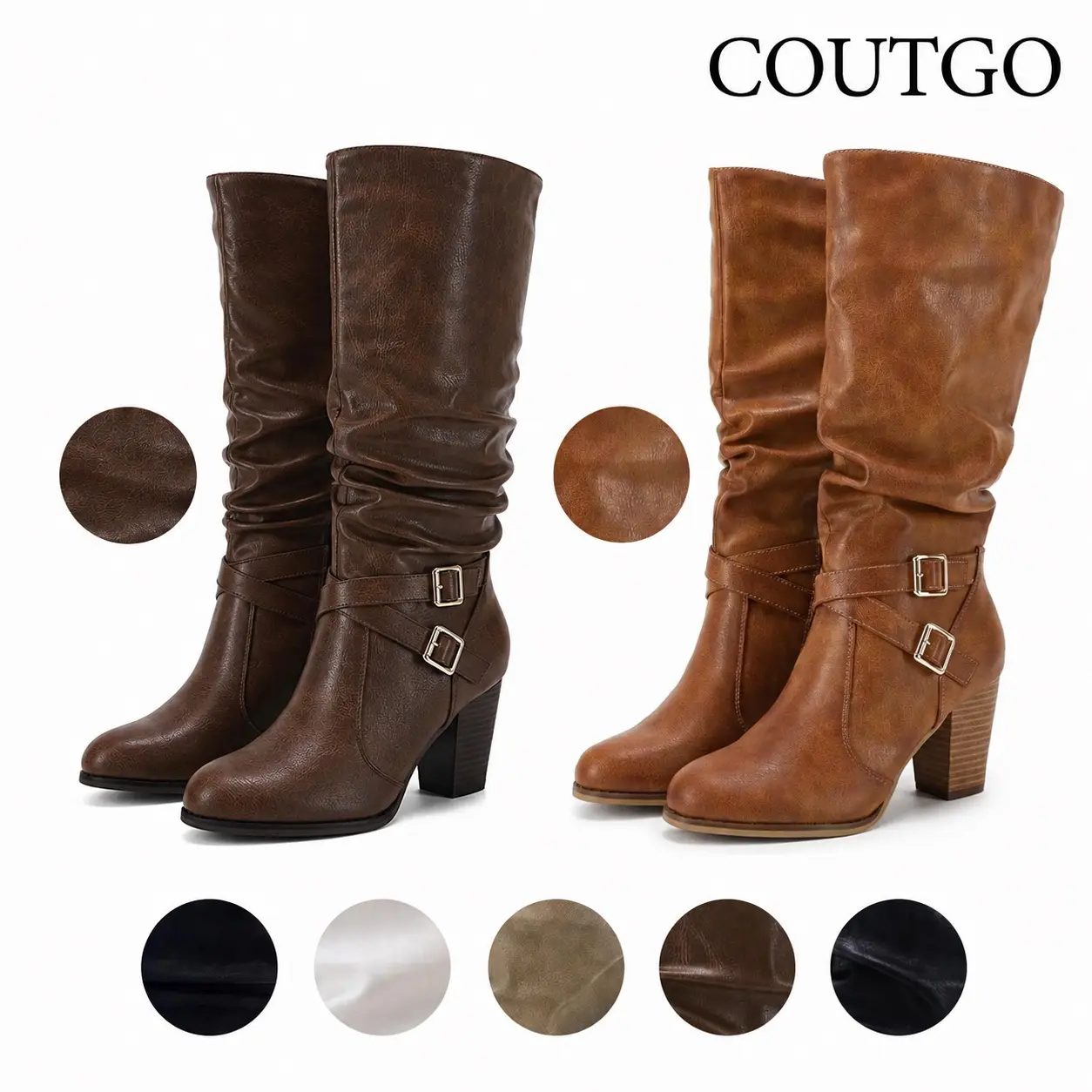 Coutgo Womens Mid Knee High Boots Chunky Heel Slouchy Metal Buckle Side Zipper Fashion Winter Shoes tiktokshopbacktoschool