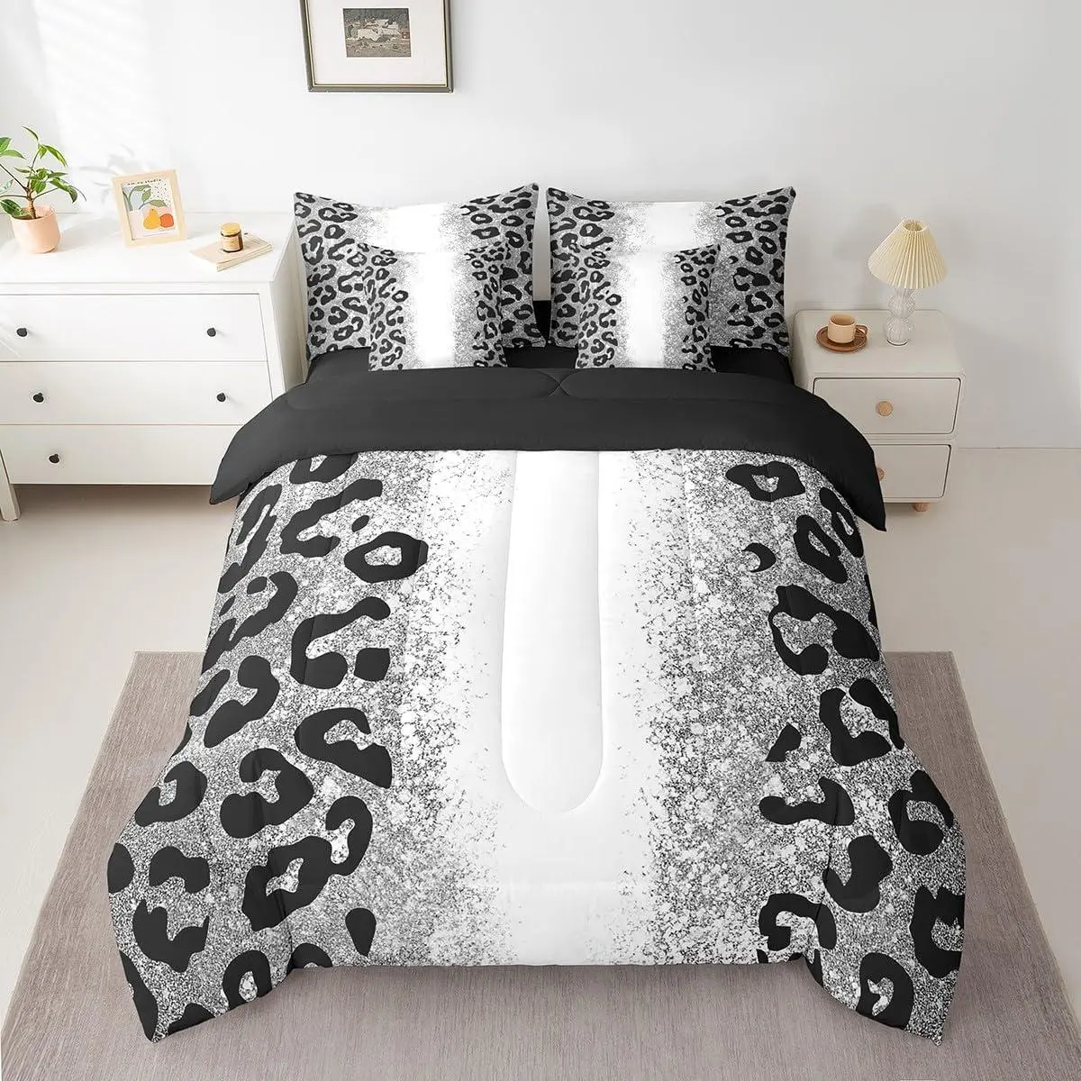 7-Piece Ombre Silver (Non-Glitter) Leopard Print Microfibre Bedding Set - Soft Breathable, African Cheetah Wildlife Motif, Bedspread, Decorative Bedding, Sheets, Duvet Covers, Blanket for Kids’ Bedroom (Multi-Size), Bedspread Set, Decorative Bedding Set