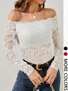 1pc Off Shoulder Double Layer Chic Lace Top, Sheer Slim Long Sleeve Base Top, Sexy Collarbone Design for Party Dating Nightclub