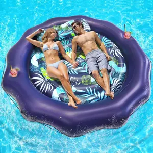 XL Heavy Duty Tanning Lounger - Giant Round Pool Float with Pillow & Cup Holders, Extra Durable Inflatable Raft for Beach/Lake/Pool (Adults Only)