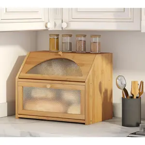 Large Bread Box, Bamboo Wood Bread Box for Kitchen Counter, Double-layer Bread Storage Bin, Acrylic glass with Diamond Patterns