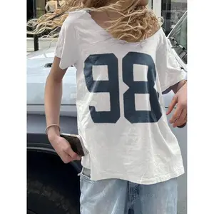 Women's Number "98" Print Drop Shoulder Tee, Casual Fit Brandy Melville Short Sleeve Round Neck T-shirt for Summer, Fashion Women's Top for Daily Wear 90s Clothes, Graphic Tees Women, Clothing, Womenswear