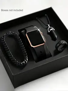 Men's Square Rose LED Electronic Fashion Watch Set, Bullet Pendant Necklace Bracelet Ring, Daily Wear, Party, Travel, Best Birthday Gift