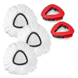 NO BUCKET/HANDLE) Spin Mop Scrub Brush Head, 2 Pcs Scrub Mop+ 3 Pcs Mop Head Replacement Compatible EasyWring 1-Tank System, Hard Bristle Cleaning Scrubber Mop Head for Bathroom, Kitchen, Tub and Tile