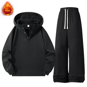 Men's Thickened Autumn Winter Sports Casual Suit Fleece Lined Hooded Jacket & Wide Leg Pants Set for Comfort and Style