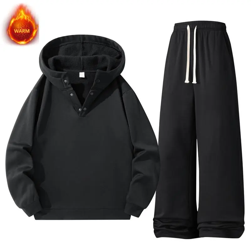 Men's Thickened Autumn Winter Sports Casual Suit Fleece Lined Hooded Jacket & Wide Leg Pants Set for Comfort and Style