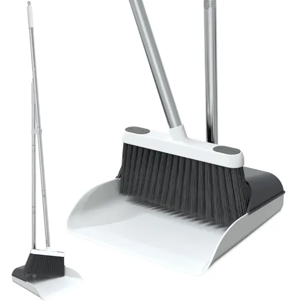 Ergonomic Stand Up Broom and Dustpan Set - 50” Long Handle Broom with 20° Angled Stainless Steel Brush, Sturdy Daily Home Cleaning Products for Seniors, Disabled, Home Office Indoor Use Home Care Supplies